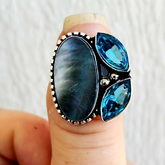 New Mother of Pearl and Blue Topaz 925 Silver Ring. - Picture 6 of 8